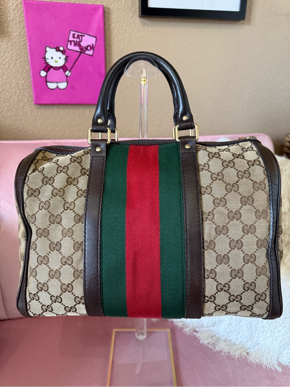 💯Auth! GUCCI Mono Canvas Boston Bag Green & Red Web Sherry Stripe Gold Hardware